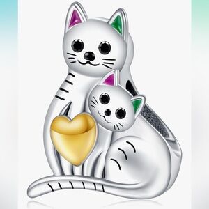 Cat kitty mom and baby with Gold Heart charm for Pandora Sterling 925